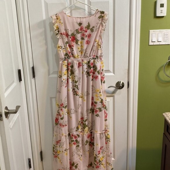 Isabel Maternity Floral Pink Maxi Dress Summer Ruffle Sleeve Lined Size Large - Picture 3 of 10